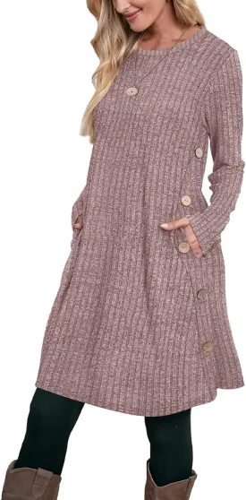 OFEEFAN Fall and Winter Tunic Dress with Pockets Long Sleeve Crew Neck Buttons Side