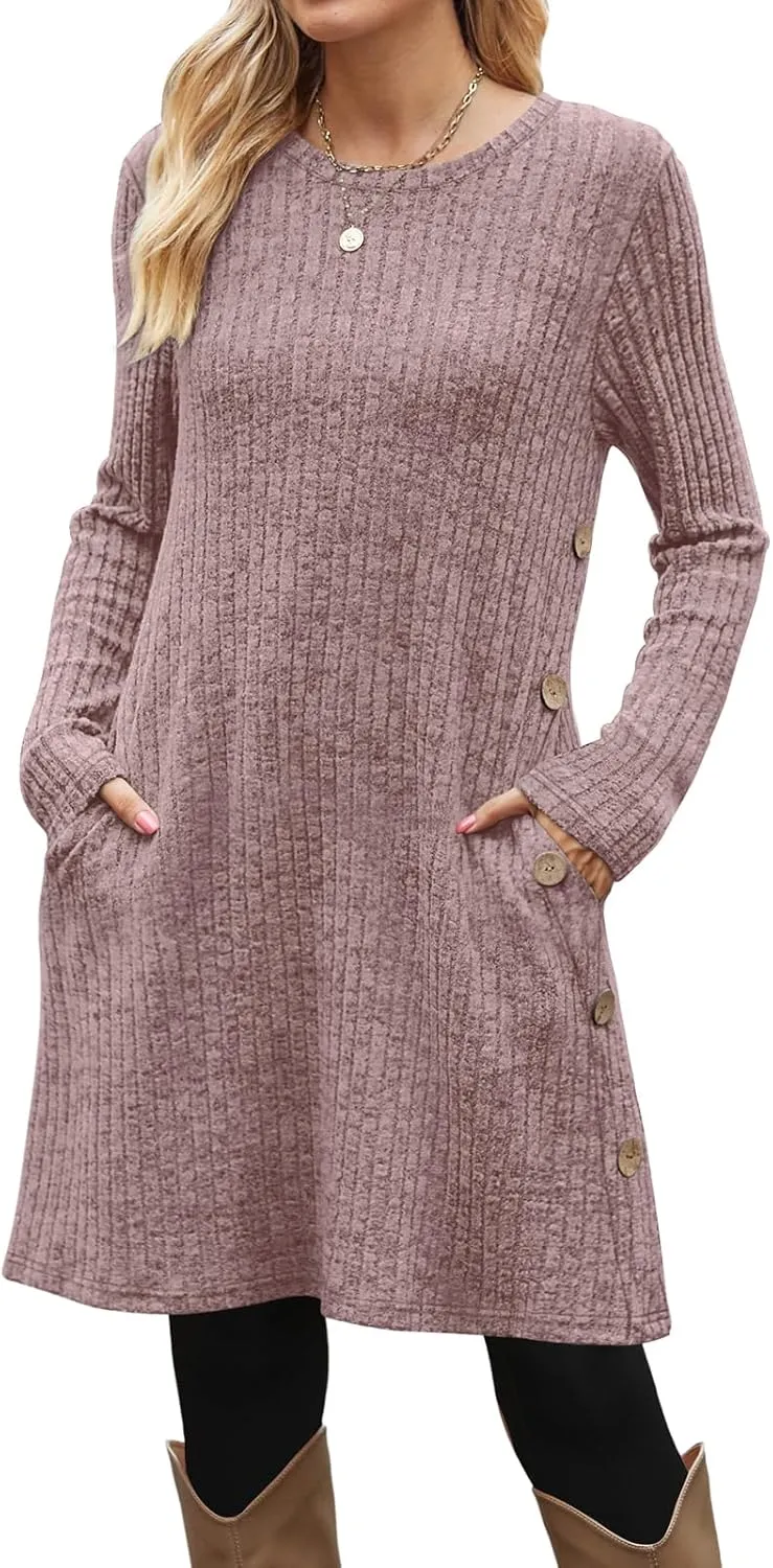 OFEEFAN Fall and Winter Tunic Dress with Pockets Long Sleeve Crew Neck Buttons Side