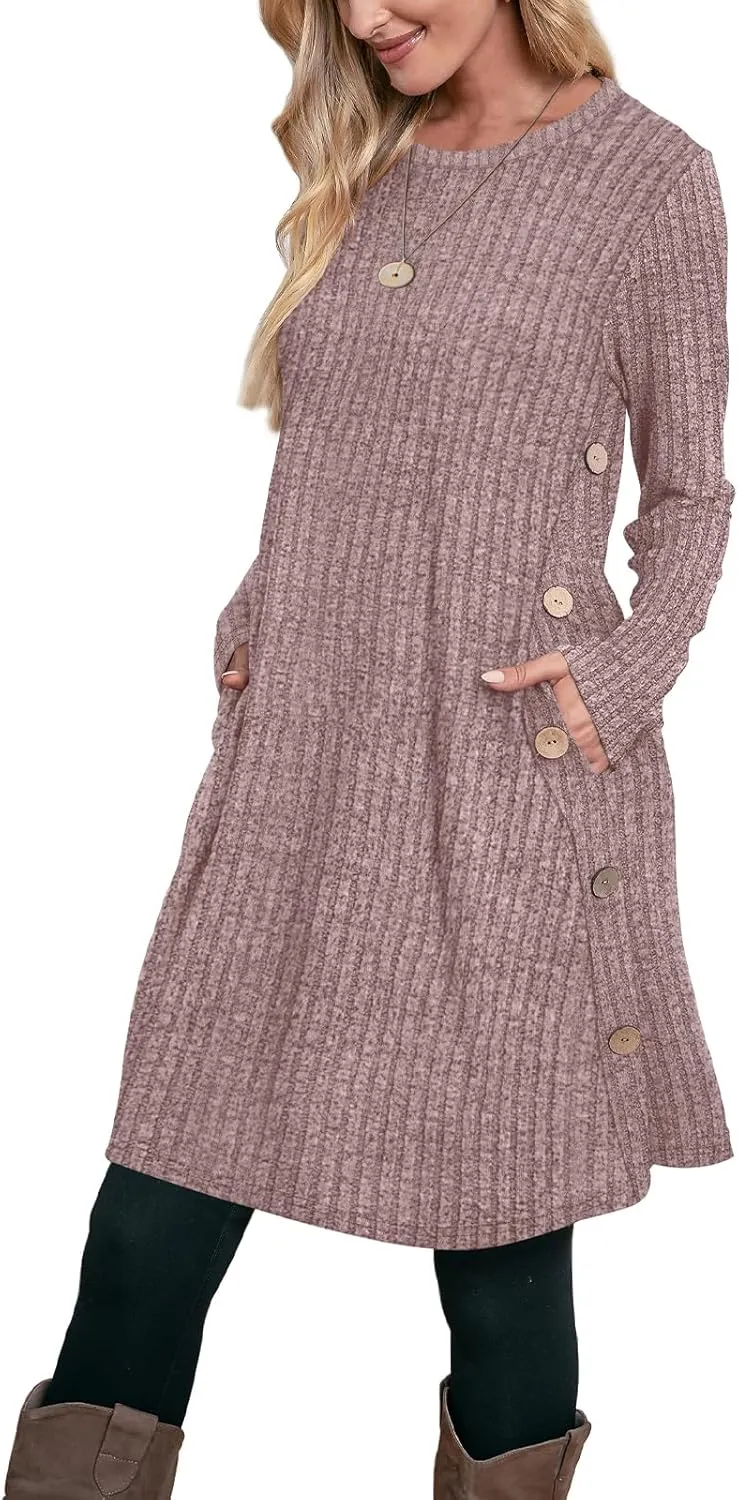 OFEEFAN Fall and Winter Tunic Dress with Pockets Long Sleeve Crew Neck Buttons Side