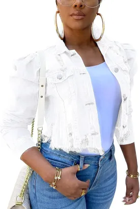 Omoone Women's Ripped Puff Sleeve Denim Crop Top Long-Sleeve Cropped Jean Jacket