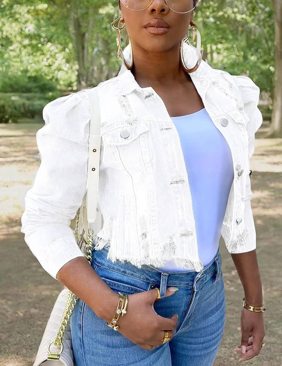 Omoone Women's Ripped Puff Sleeve Denim Crop Top Long-Sleeve Cropped Jean Jacket
