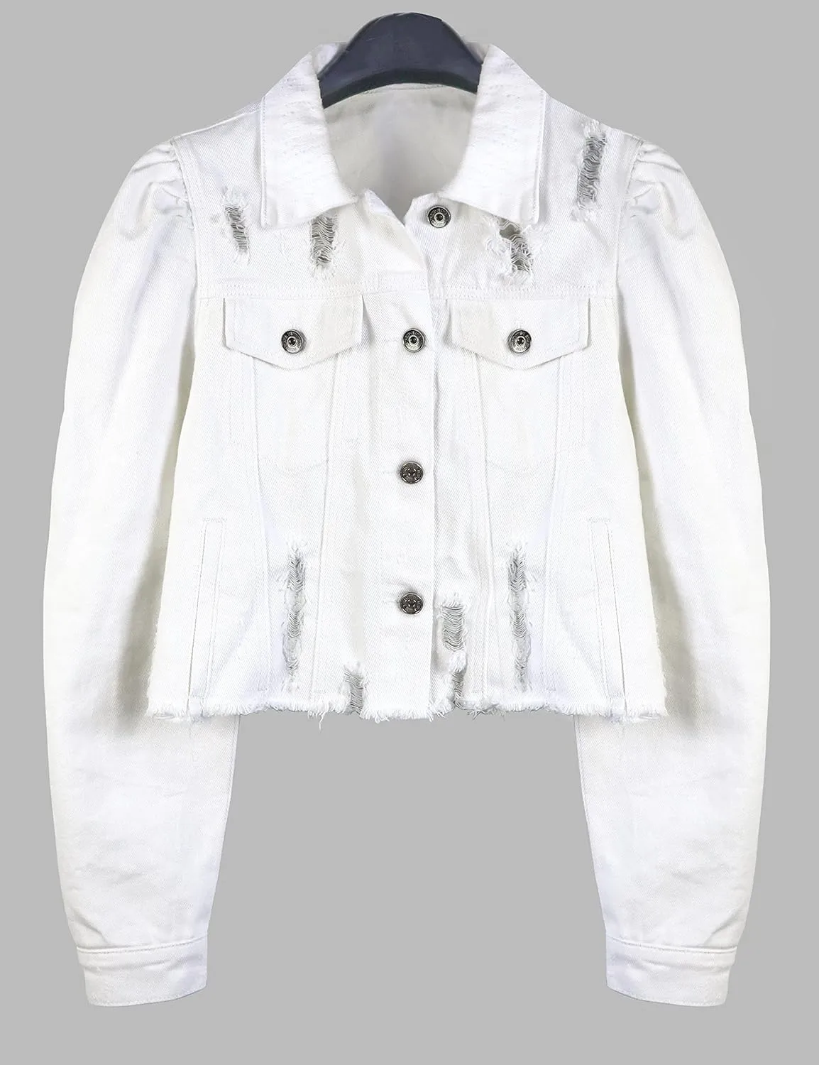 Omoone Women's Ripped Puff Sleeve Denim Crop Top Long-Sleeve Cropped Jean Jacket