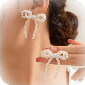Pearl Bow Earrings for Women Elegant Bow Pearl Earrings Trendy Pearl Bow Knot Stud Earrings Pearl and Bow Earrings White Bow Earrings Wedding Party Prom Earrings Trendy Jewelry Gifts for Her