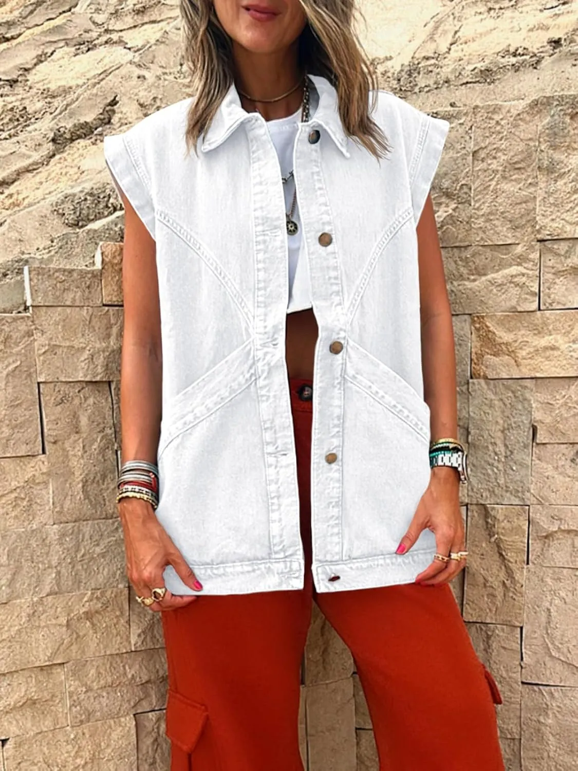 PLNOTME Womens Oversized Sleeveless Denim Vest Classic Button Down Jean Vest Casual Utility Lapel Jean Jacket