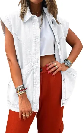 PLNOTME Womens Oversized Sleeveless Denim Vest Classic Button Down Jean Vest Casual Utility Lapel Jean Jacket