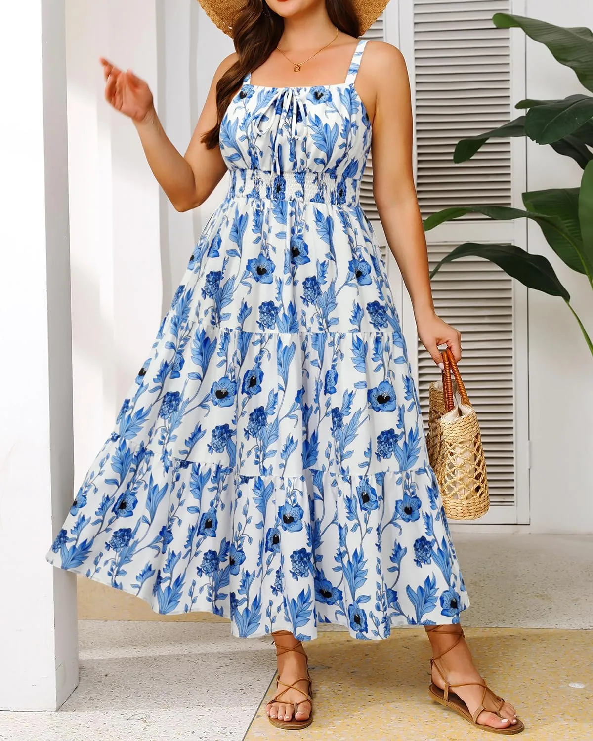 Plus Size Summer Dresses - Boho Maxi Sundress with Pockets Spaghetti Strap Long Casual Sun Dress for Vacation and Beach