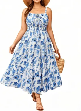 Plus Size Summer Dresses - Boho Maxi Sundress with Pockets Spaghetti Strap Long Casual Sun Dress for Vacation and Beach
