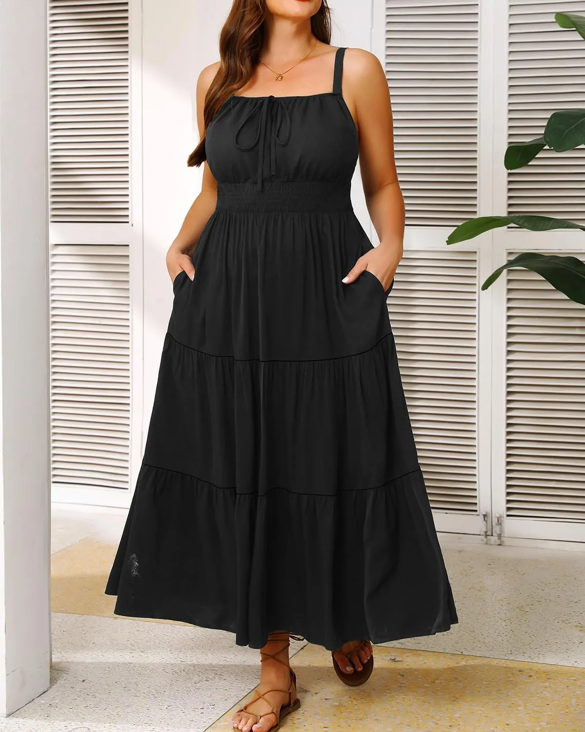 Plus Size Summer Dresses - Boho Maxi Sundress with Pockets Spaghetti Strap Long Casual Sun Dress for Vacation and Beach