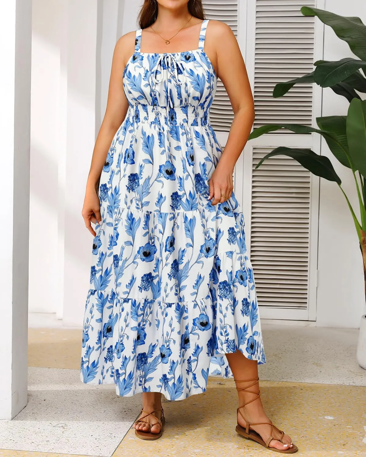 Plus Size Summer Dresses - Boho Maxi Sundress with Pockets Spaghetti Strap Long Casual Sun Dress for Vacation and Beach