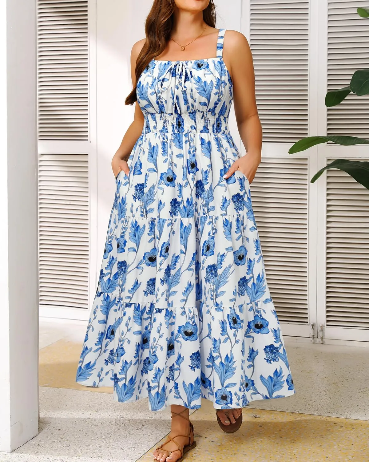 Plus Size Summer Dresses - Boho Maxi Sundress with Pockets Spaghetti Strap Long Casual Sun Dress for Vacation and Beach