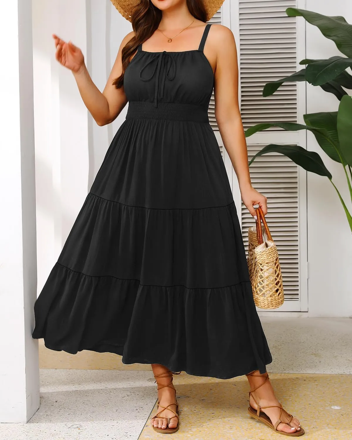 Plus Size Summer Dresses - Boho Maxi Sundress with Pockets Spaghetti Strap Long Casual Sun Dress for Vacation and Beach