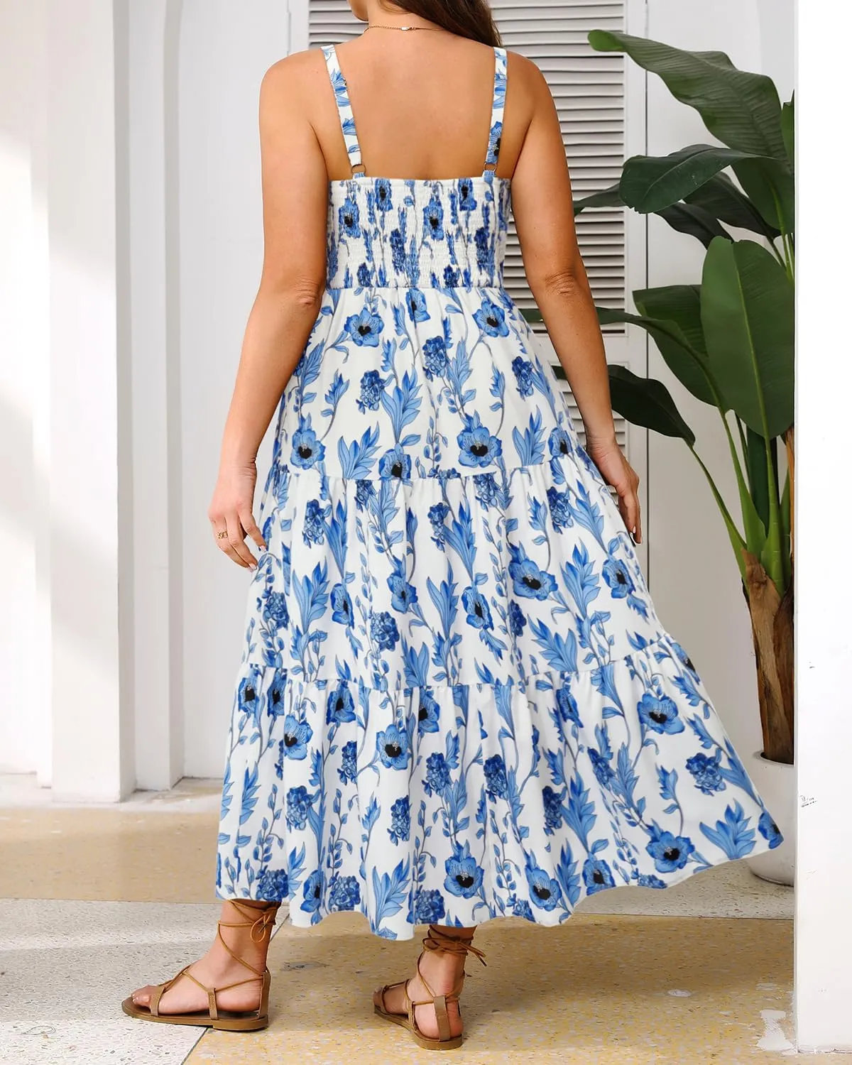 Plus Size Summer Dresses - Boho Maxi Sundress with Pockets Spaghetti Strap Long Casual Sun Dress for Vacation and Beach