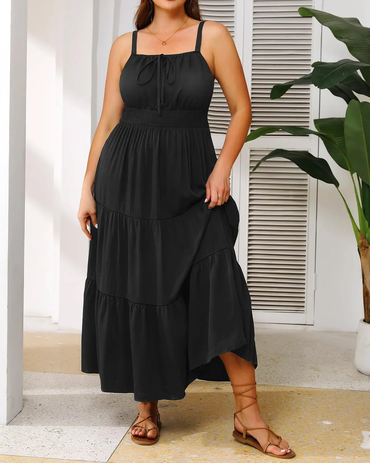 Plus Size Summer Dresses - Boho Maxi Sundress with Pockets Spaghetti Strap Long Casual Sun Dress for Vacation and Beach