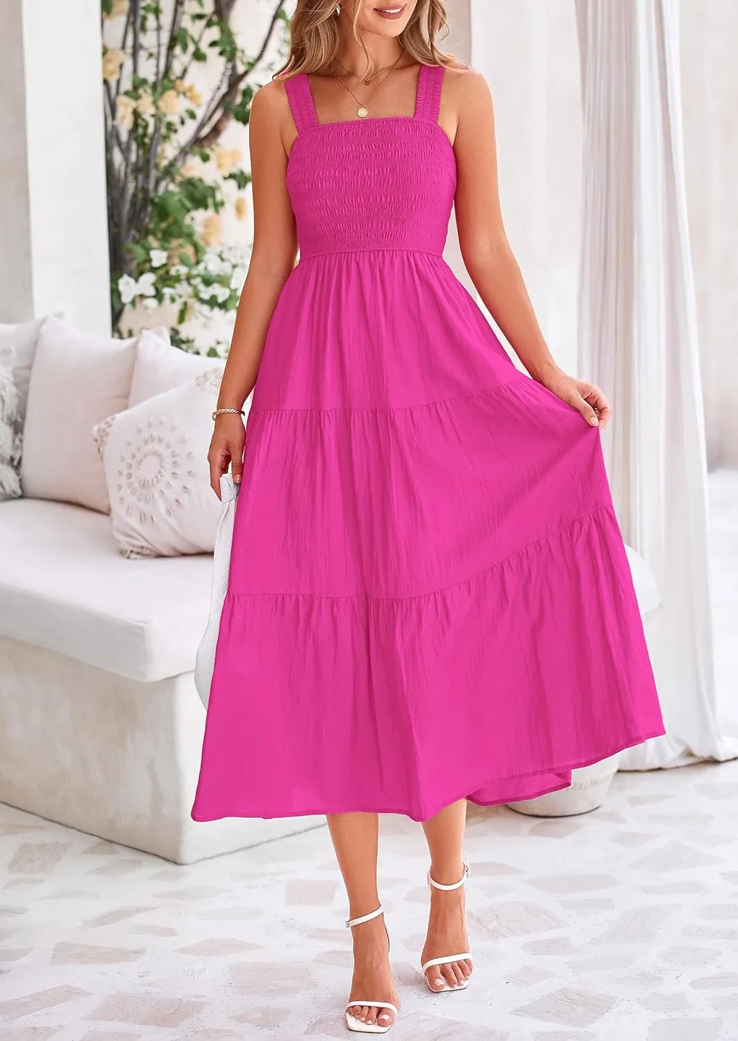 PRETTYGARDEN Midi Dress for Women 2025 Summer Smocked Ruffle A Line Long Flowy Dresses Cute Sleeveless Beach Sundress