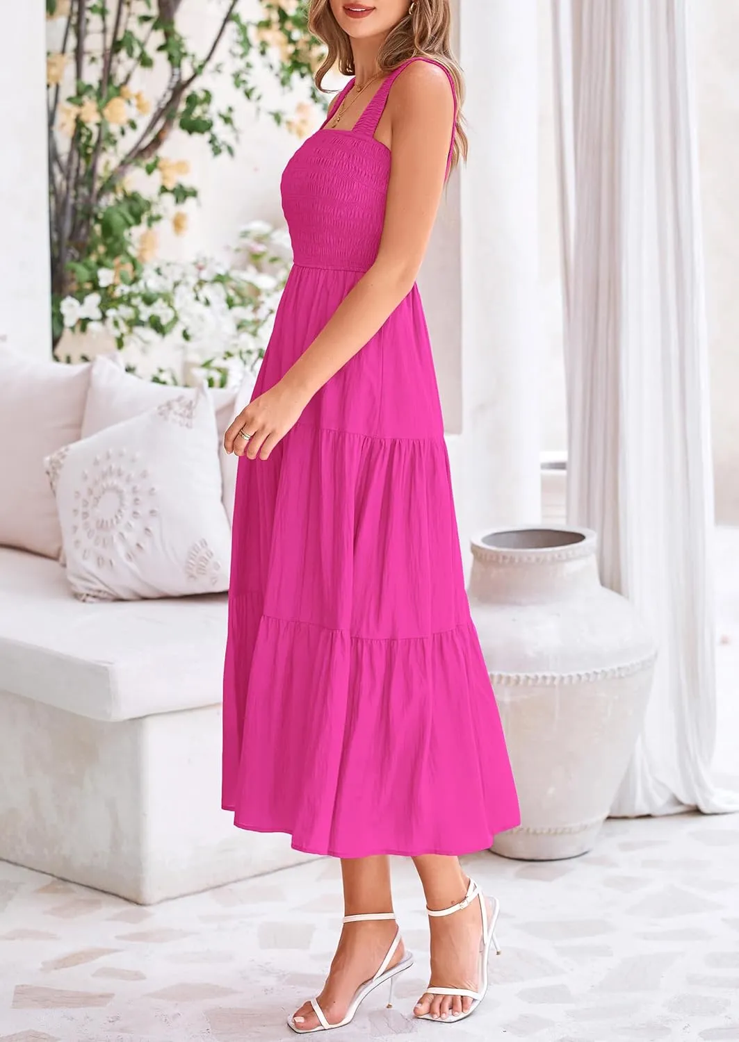 PRETTYGARDEN Midi Dress for Women 2025 Summer Smocked Ruffle A Line Long Flowy Dresses Cute Sleeveless Beach Sundress