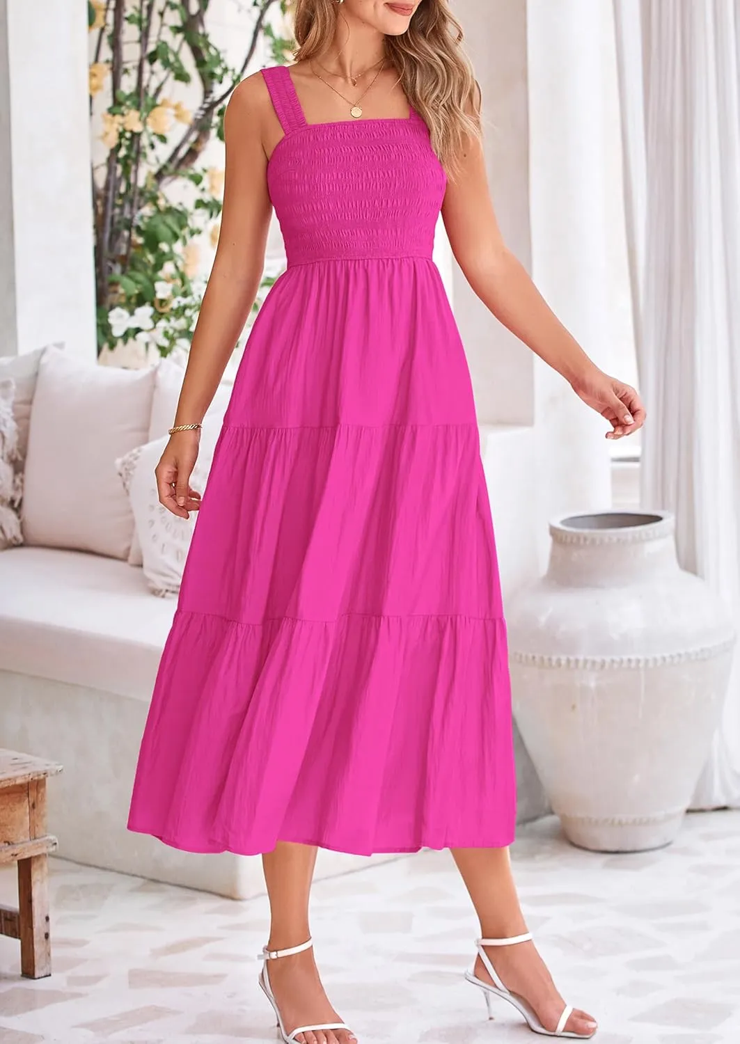 PRETTYGARDEN Midi Dress for Women 2025 Summer Smocked Ruffle A Line Long Flowy Dresses Cute Sleeveless Beach Sundress