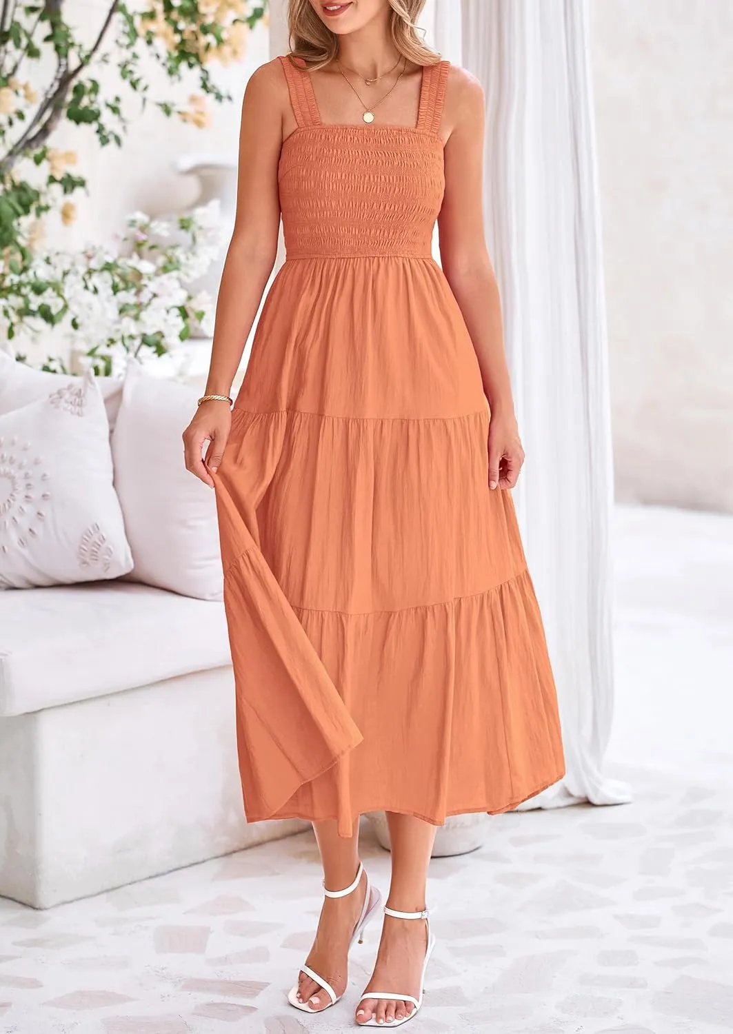PRETTYGARDEN Midi Dress for Women 2025 Summer Smocked Ruffle A Line Long Flowy Dresses Cute Sleeveless Beach Sundress