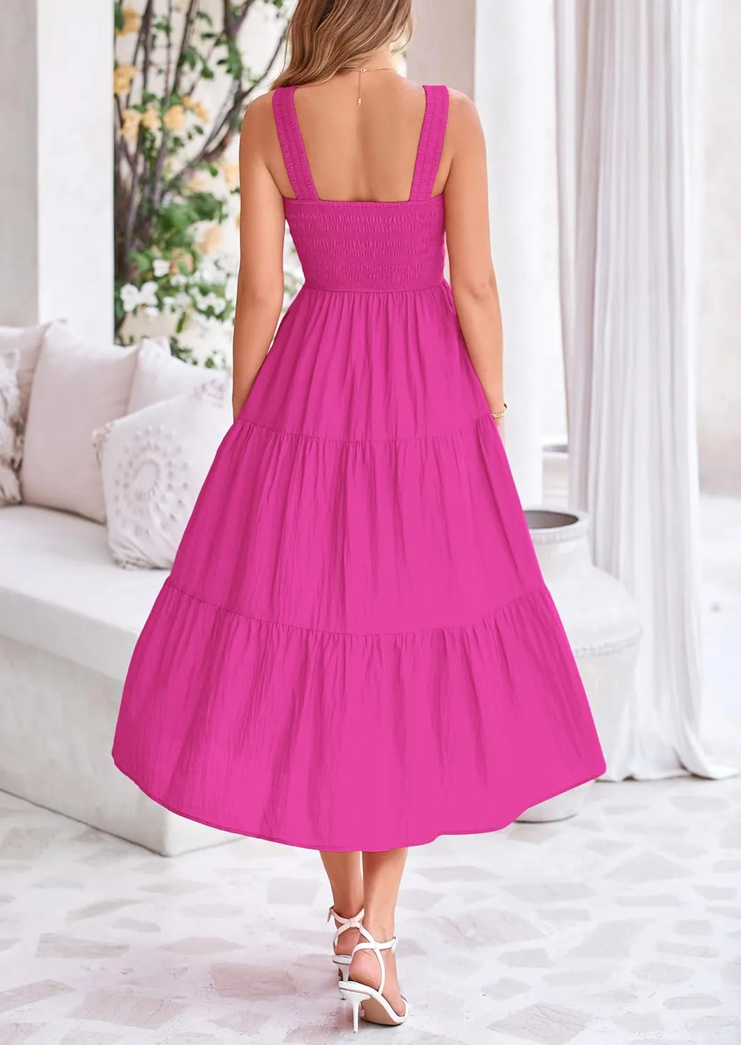 PRETTYGARDEN Midi Dress for Women 2025 Summer Smocked Ruffle A Line Long Flowy Dresses Cute Sleeveless Beach Sundress