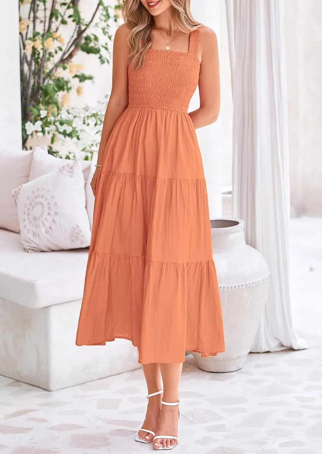 PRETTYGARDEN Midi Dress for Women 2025 Summer Smocked Ruffle A Line Long Flowy Dresses Cute Sleeveless Beach Sundress