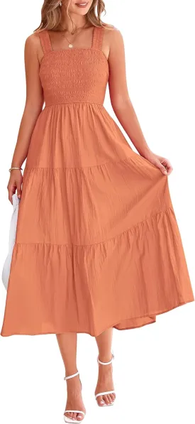PRETTYGARDEN Midi Dress for Women 2025 Summer Smocked Ruffle A Line Long Flowy Dresses Cute Sleeveless Beach Sundress