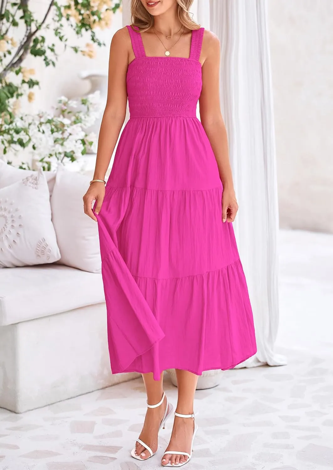 PRETTYGARDEN Midi Dress for Women 2025 Summer Smocked Ruffle A Line Long Flowy Dresses Cute Sleeveless Beach Sundress