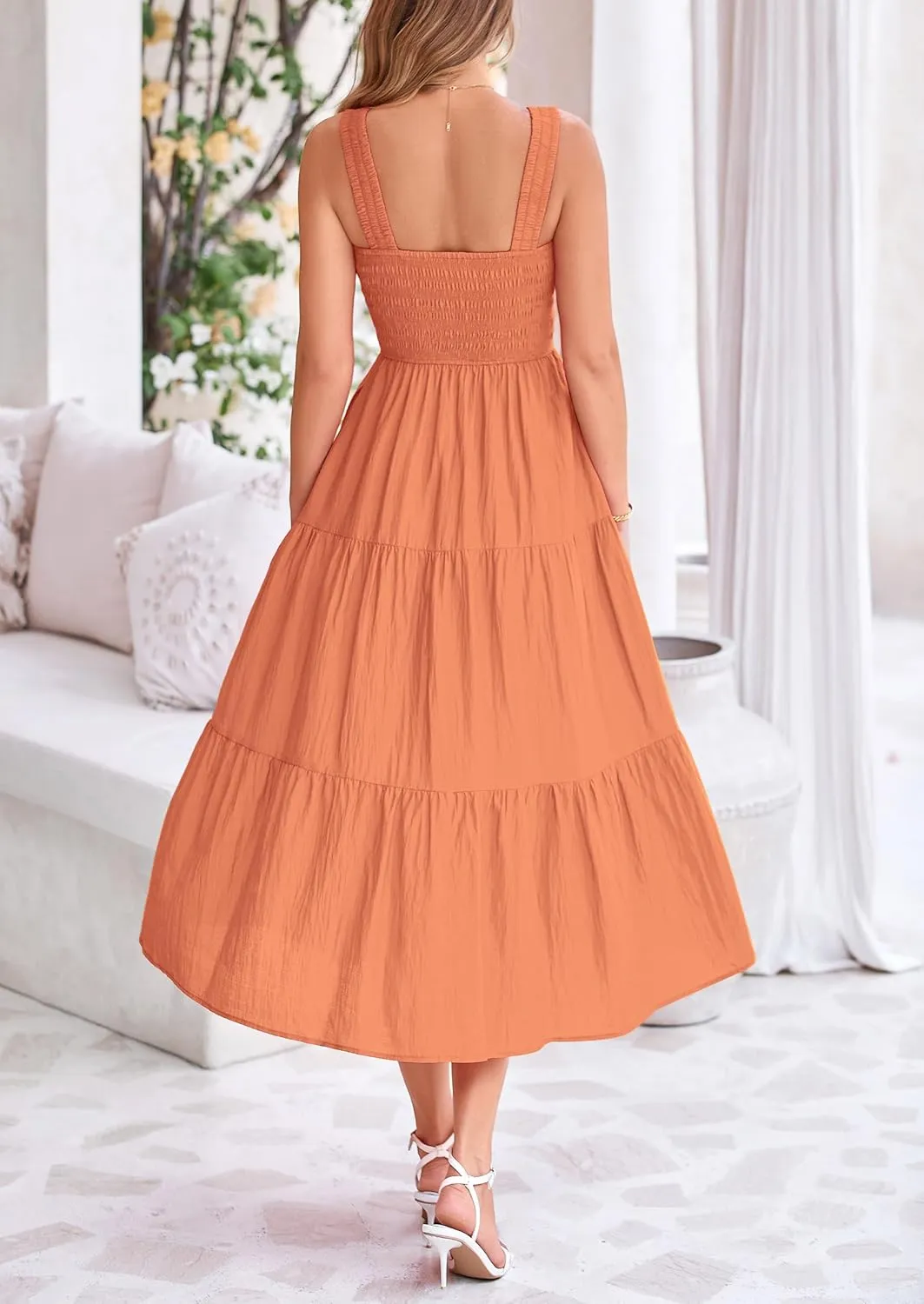 PRETTYGARDEN Midi Dress for Women 2025 Summer Smocked Ruffle A Line Long Flowy Dresses Cute Sleeveless Beach Sundress