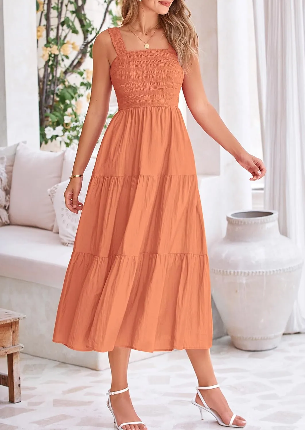 PRETTYGARDEN Midi Dress for Women 2025 Summer Smocked Ruffle A Line Long Flowy Dresses Cute Sleeveless Beach Sundress