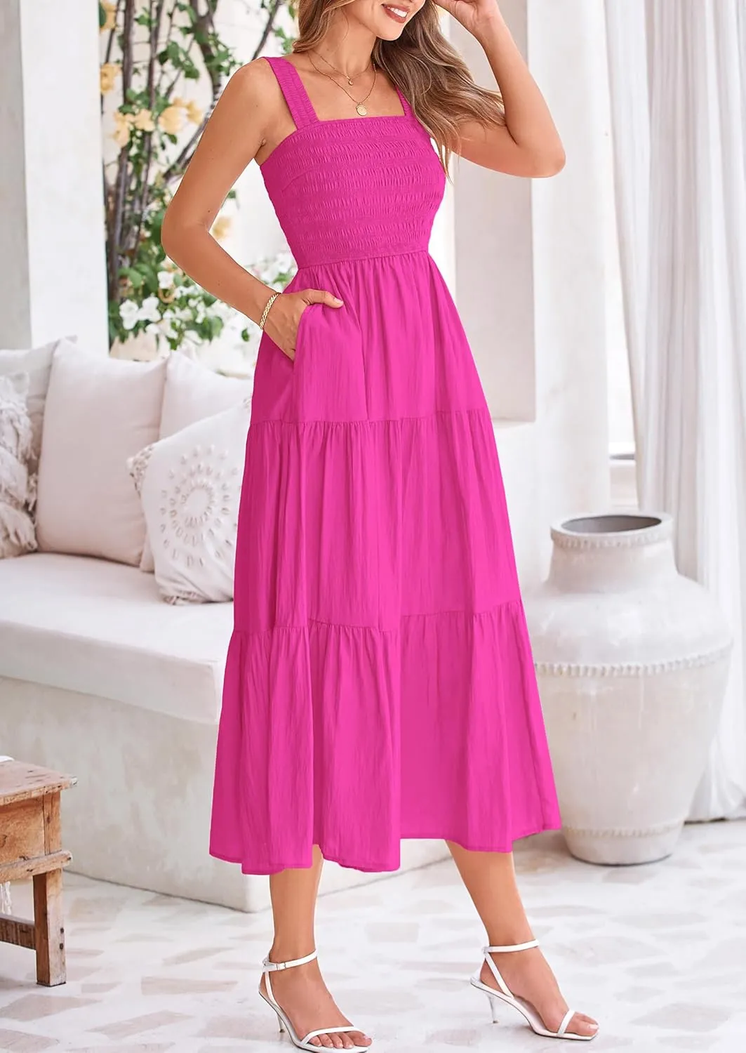 PRETTYGARDEN Midi Dress for Women 2025 Summer Smocked Ruffle A Line Long Flowy Dresses Cute Sleeveless Beach Sundress