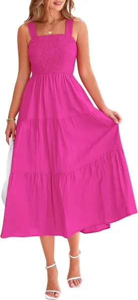 PRETTYGARDEN Midi Dress for Women 2025 Summer Smocked Ruffle A Line Long Flowy Dresses Cute Sleeveless Beach Sundress