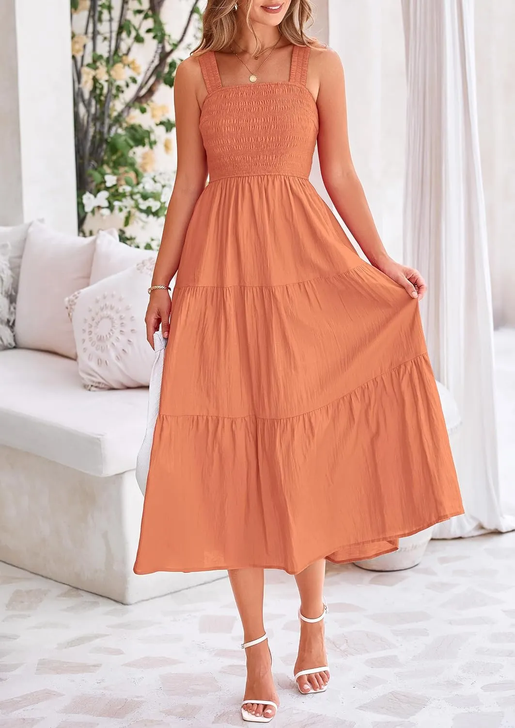 PRETTYGARDEN Midi Dress for Women 2025 Summer Smocked Ruffle A Line Long Flowy Dresses Cute Sleeveless Beach Sundress