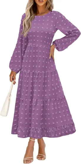 PRETTYGARDEN Women's Fall Spring Elegant Long Sleeve Maxi Dress Swiss Dot A Line Flowy Casual Holiday Party Going Out Dresses