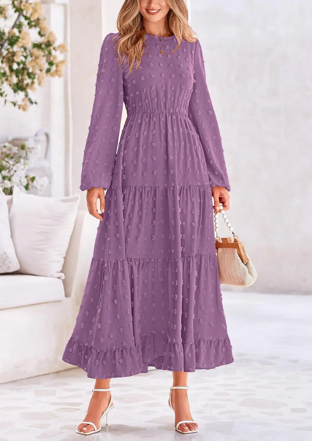 PRETTYGARDEN Women's Fall Spring Elegant Long Sleeve Maxi Dress Swiss Dot A Line Flowy Casual Holiday Party Going Out Dresses