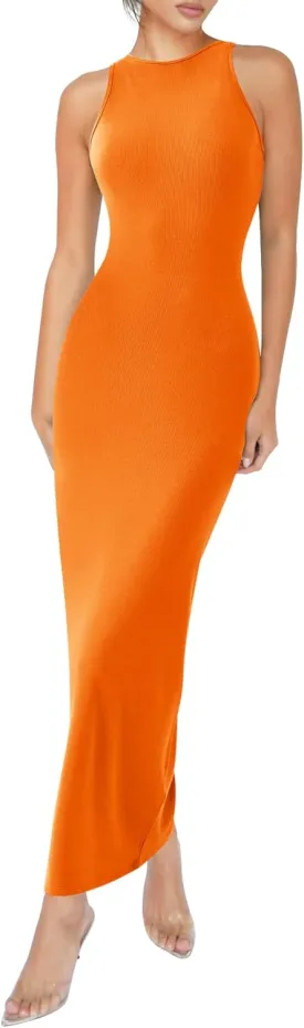 Relety Women's Bodycon Maxi Dresses Ribbed Lounge Tank Long Dresses Elegant Halter Neck Casual Sleeveless Summer Dresses