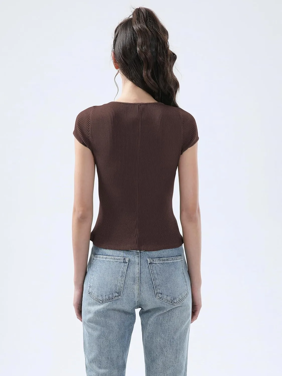 Ribbed Button Down T Shirts for Women Short Sleeve Going Out Tops Cropped Fitted Knit Blouses