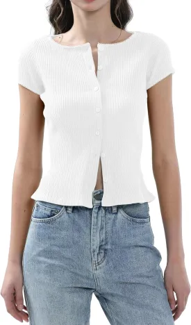 Ribbed Button Down T Shirts for Women Short Sleeve Going Out Tops Cropped Fitted Knit Blouses