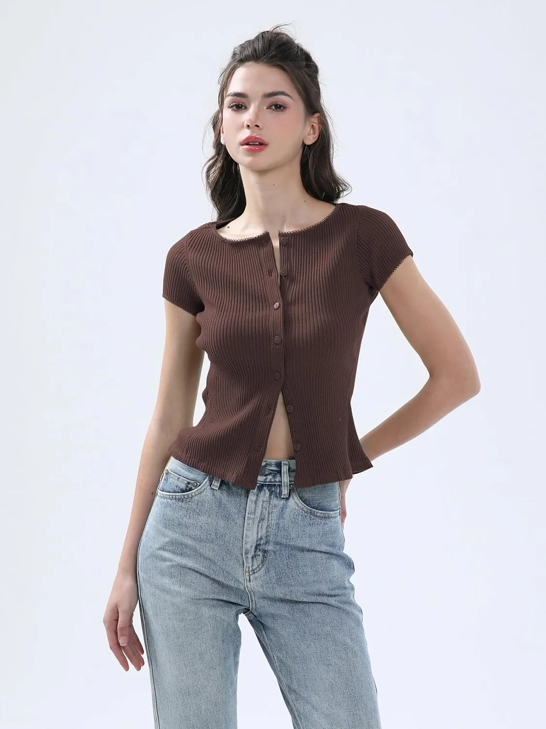 Ribbed Button Down T Shirts for Women Short Sleeve Going Out Tops Cropped Fitted Knit Blouses