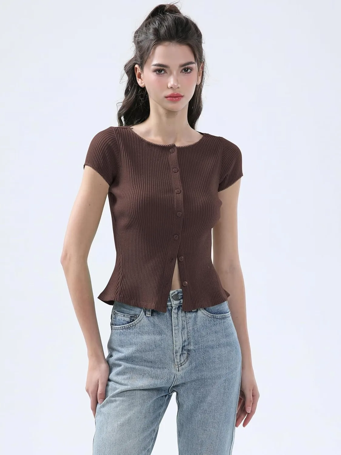 Ribbed Button Down T Shirts for Women Short Sleeve Going Out Tops Cropped Fitted Knit Blouses