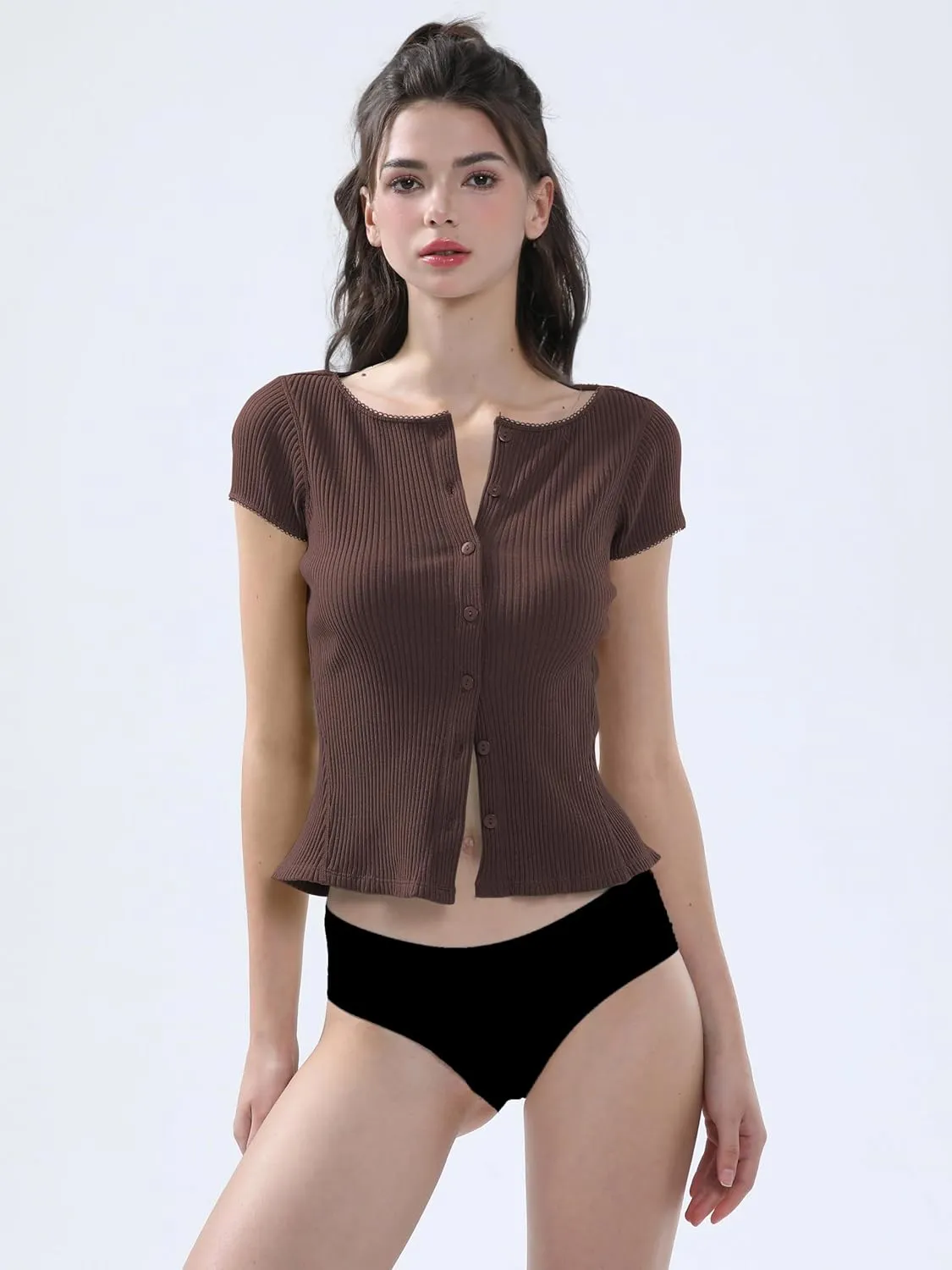 Ribbed Button Down T Shirts for Women Short Sleeve Going Out Tops Cropped Fitted Knit Blouses