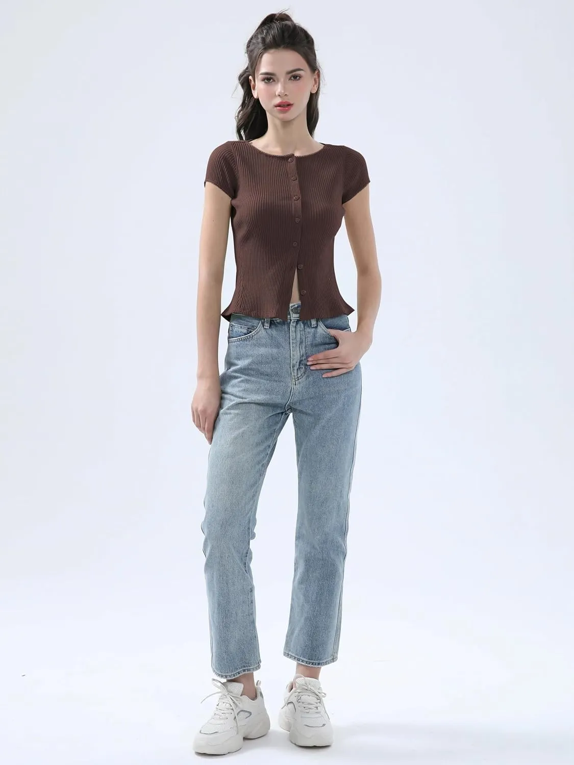Ribbed Button Down T Shirts for Women Short Sleeve Going Out Tops Cropped Fitted Knit Blouses