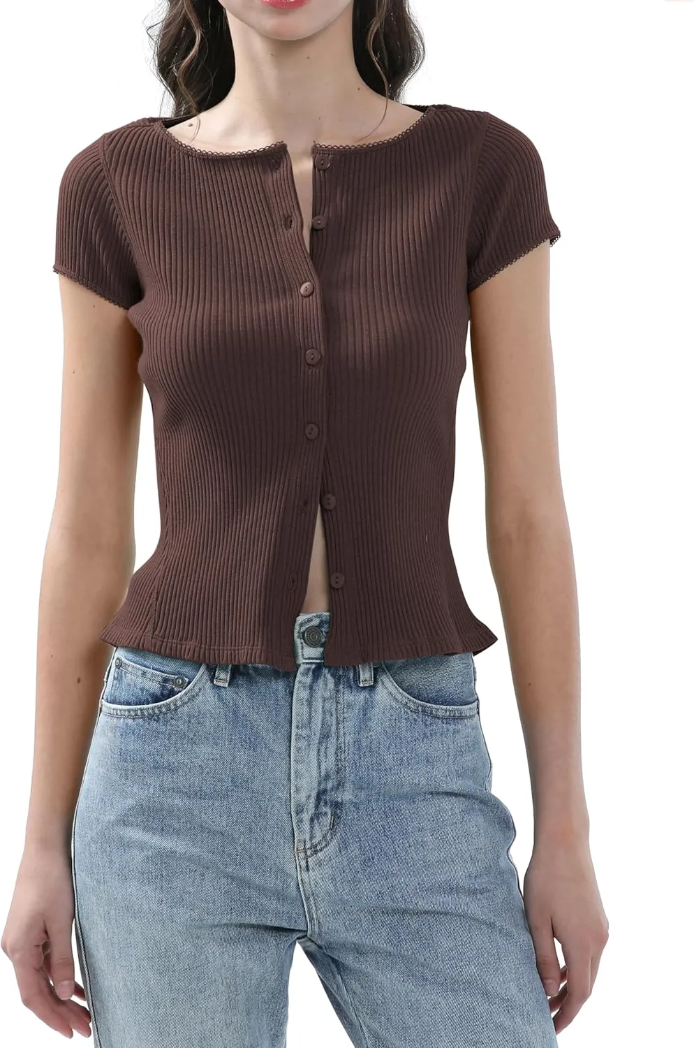 Ribbed Button Down T Shirts for Women Short Sleeve Going Out Tops Cropped Fitted Knit Blouses