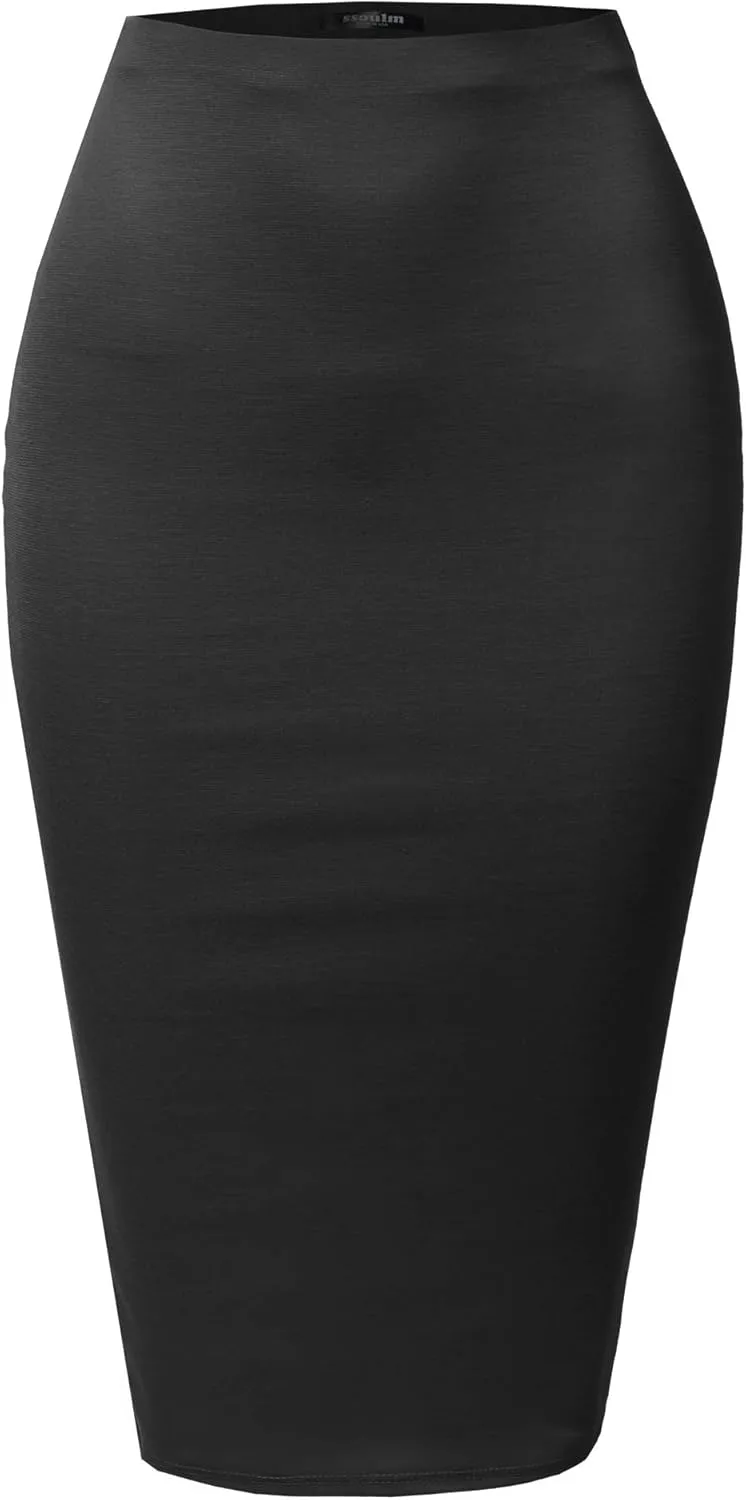 SSOULM Women's Work Office Stretchy Fitted Midi Pencil Skirt with Slit and Plus Size