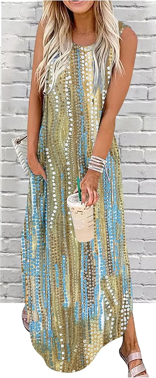 Summer Dresses for Women 2025 Beach Vacation Dress Boho Floral Sundresses Ladies Tropical Pockets Maxi Dress