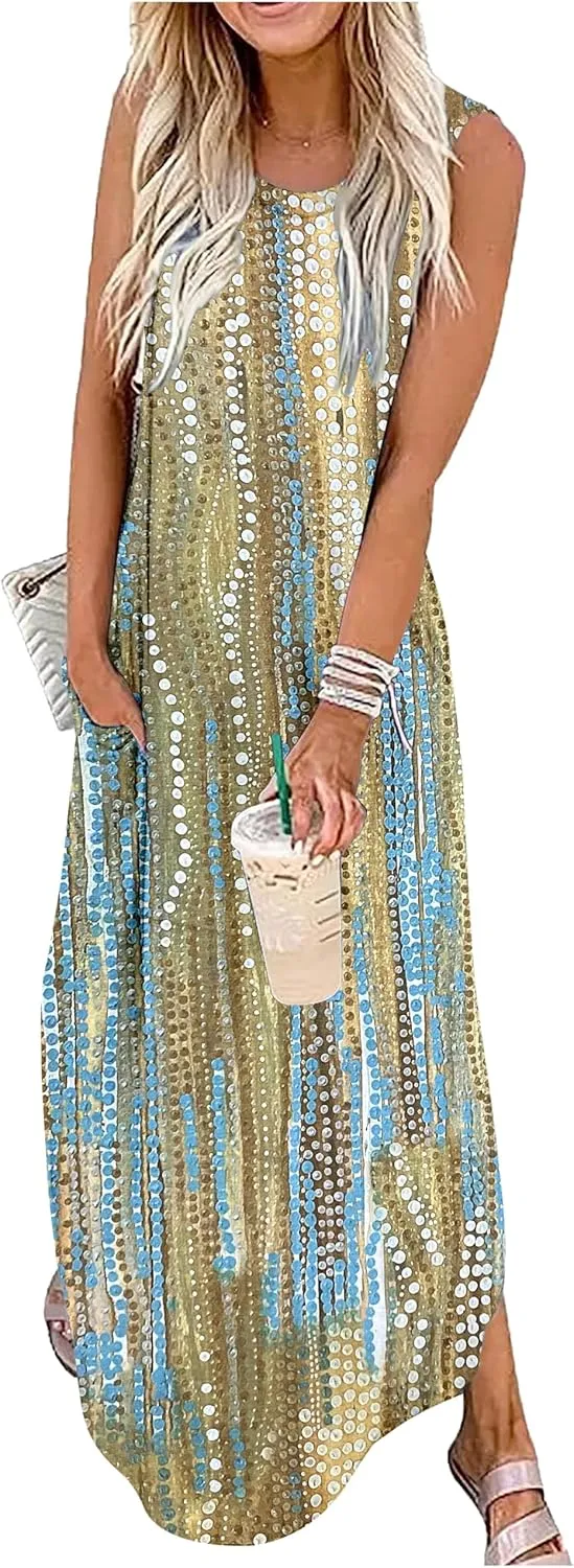 Summer Dresses for Women 2025 Beach Vacation Dress Boho Floral Sundresses Ladies Tropical Pockets Maxi Dress