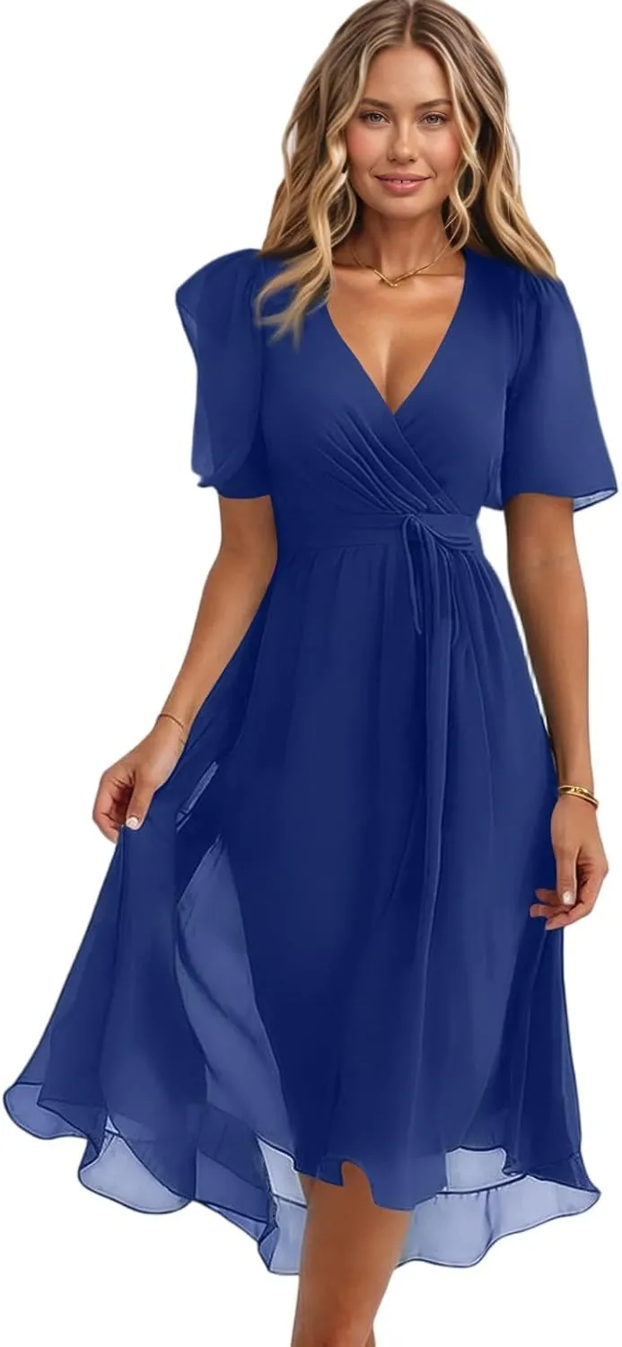 Sundresses for Women,Cocktail Prom Summer Sexy Dress Chiffon Womens Spring Dresses Wrap Flowy Wedding Guest
