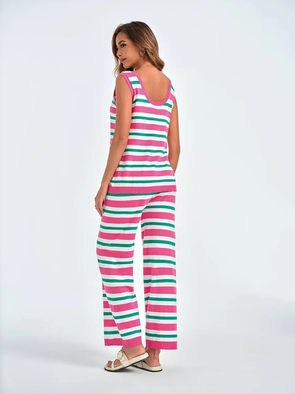Tankaneo Womens Sweater Sets 2 Piece Outfits Knit Striped Sleeveless Tank Tops and Straight Leg Pants Sets Casual Tracksuits