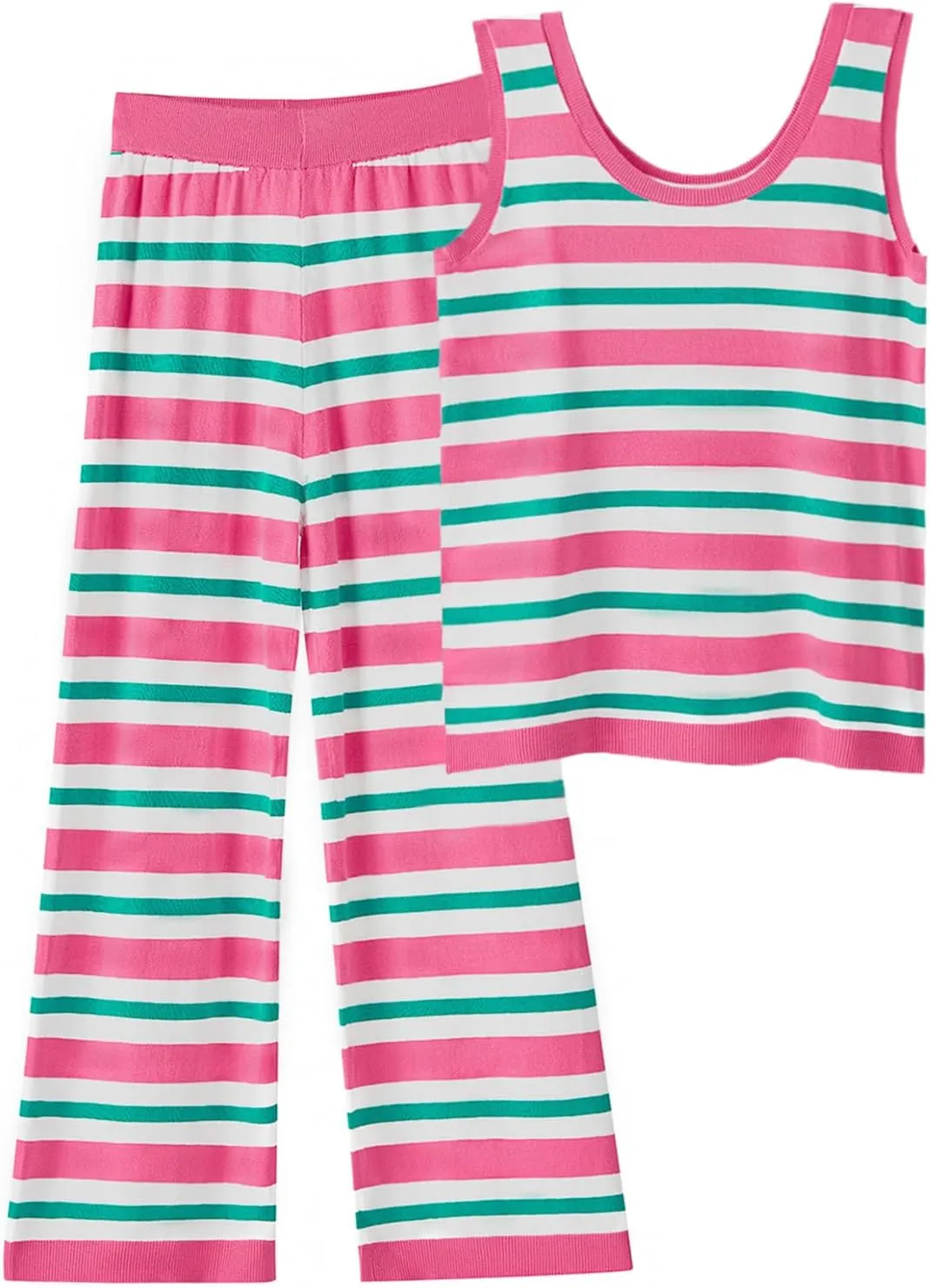Tankaneo Womens Sweater Sets 2 Piece Outfits Knit Striped Sleeveless Tank Tops and Straight Leg Pants Sets Casual Tracksuits