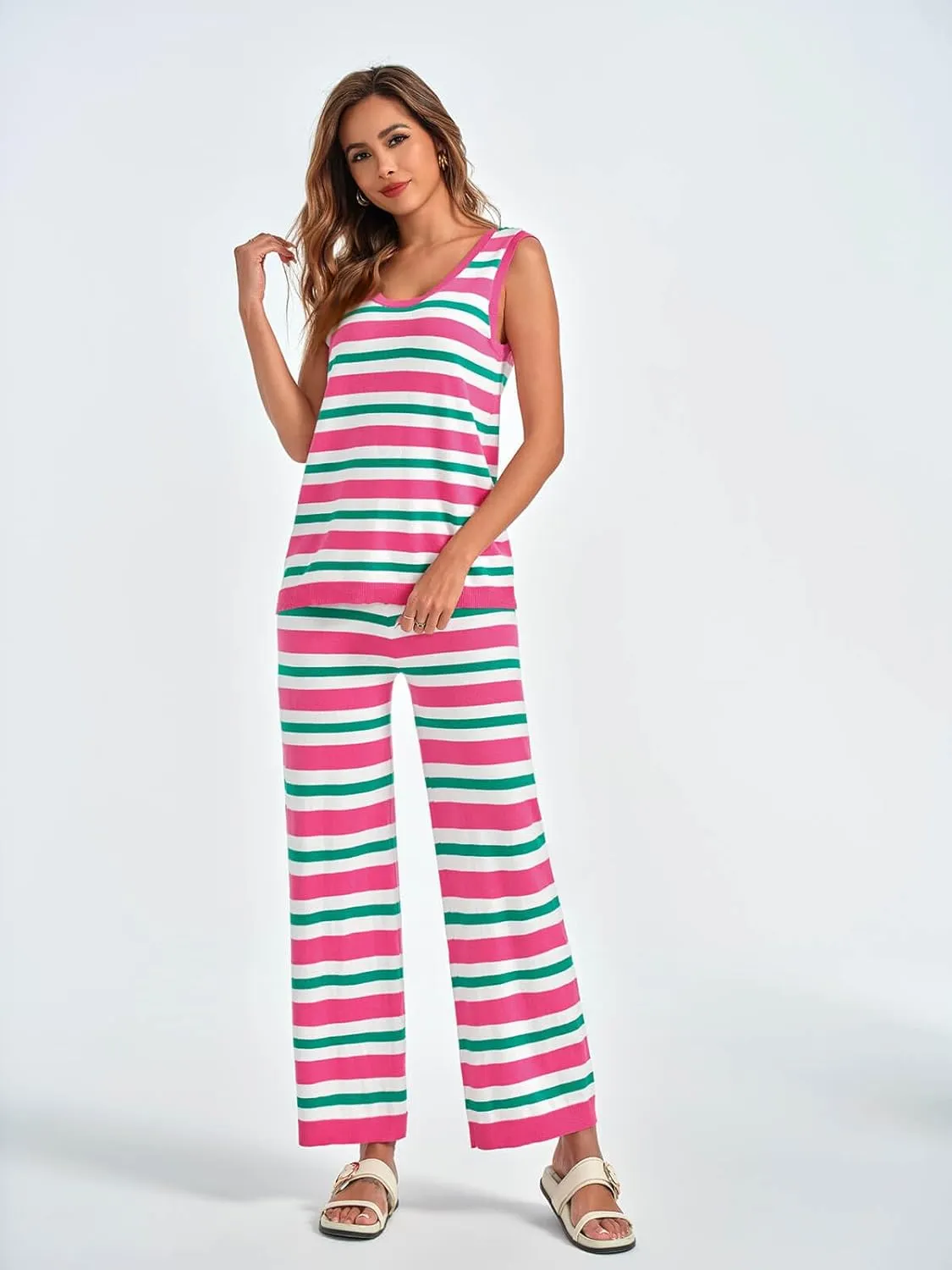 Tankaneo Womens Sweater Sets 2 Piece Outfits Knit Striped Sleeveless Tank Tops and Straight Leg Pants Sets Casual Tracksuits