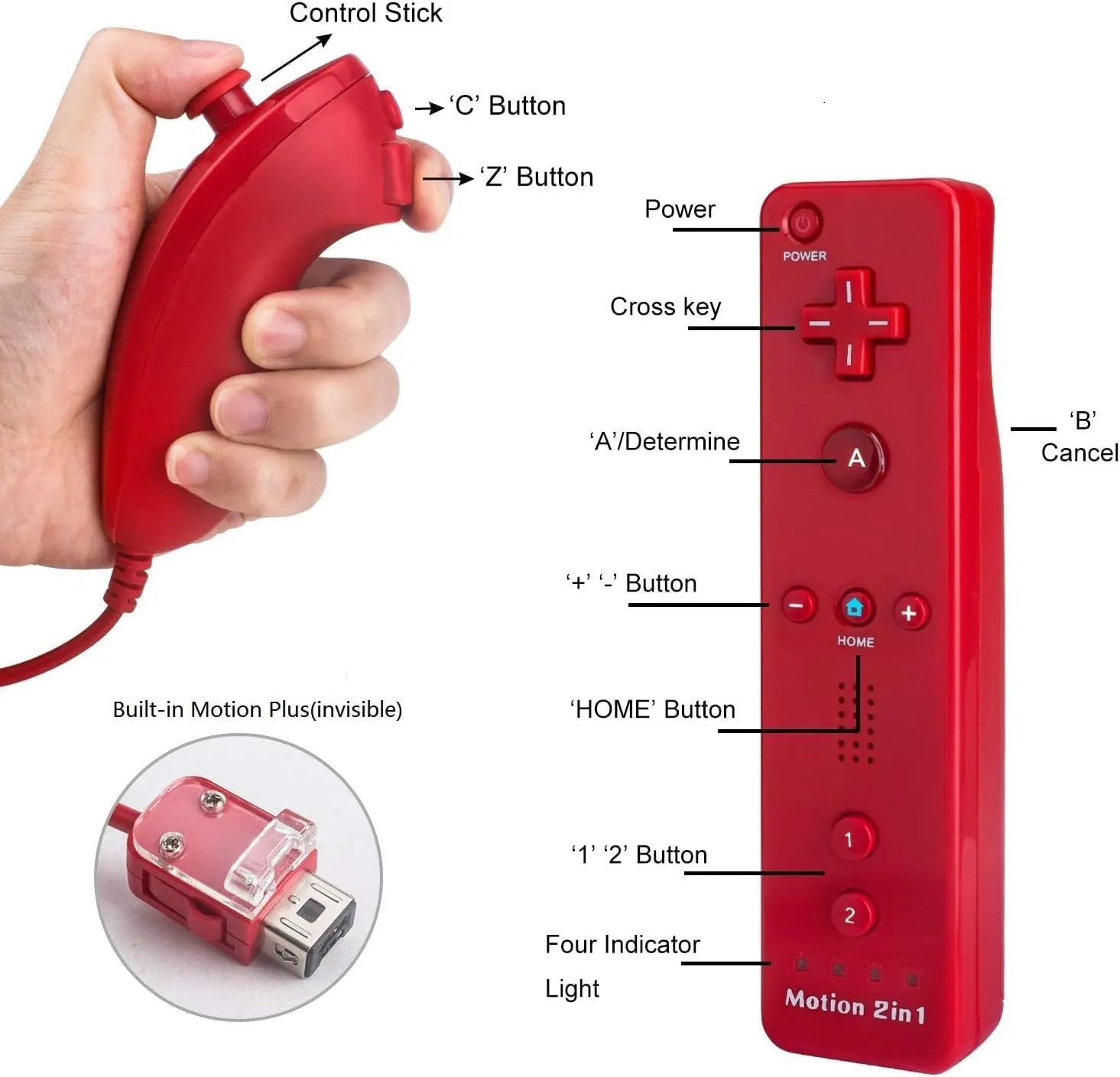 TechKen Motion Plus Wii Controllers 2Packs with Nunchucks, Wii Remote Controllers Compatible for wii and Wii U with Built in Motion Plus