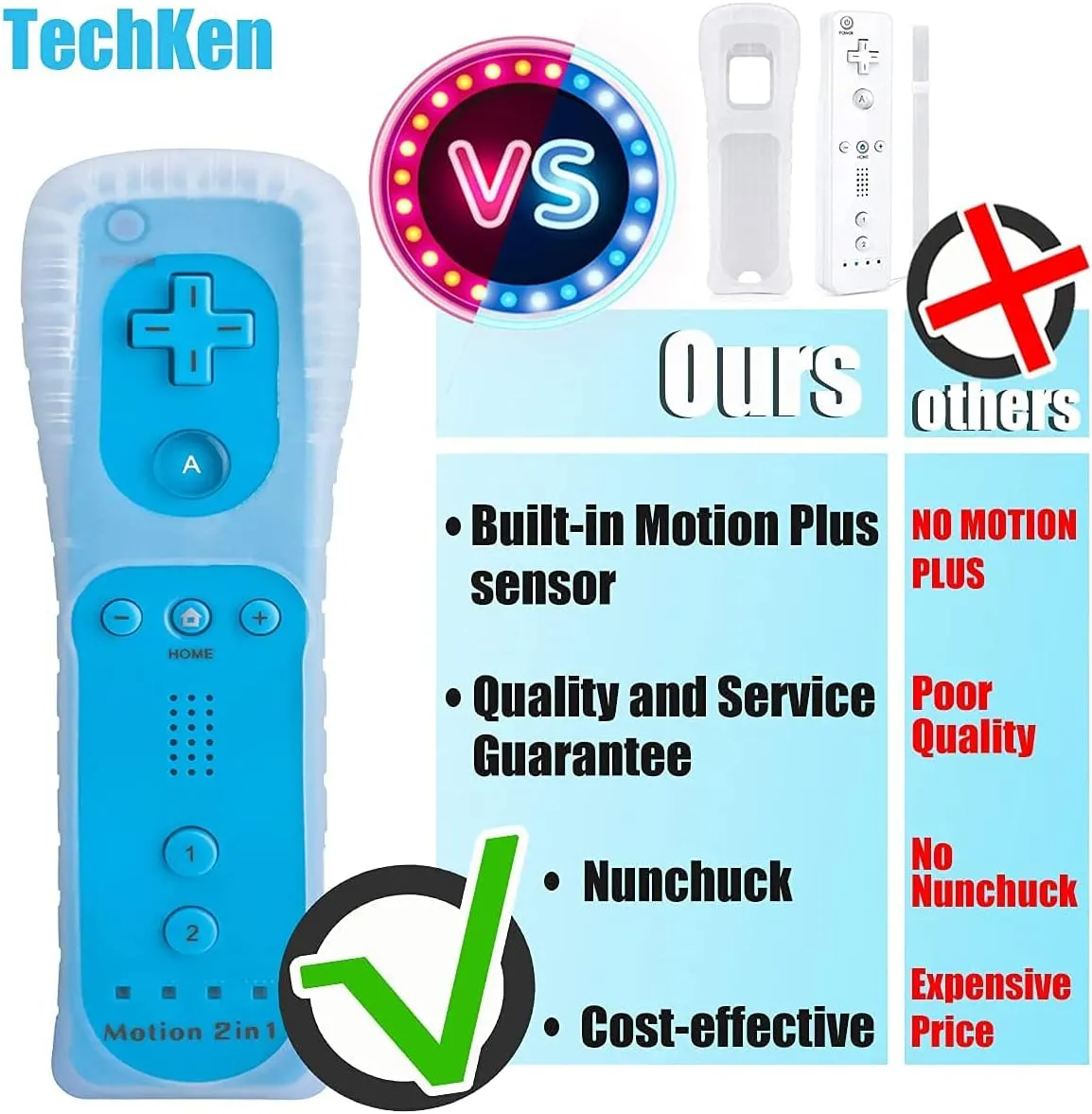 TechKen Motion Plus Wii Controllers 2Packs with Nunchucks, Wii Remote Controllers Compatible for wii and Wii U with Built in Motion Plus