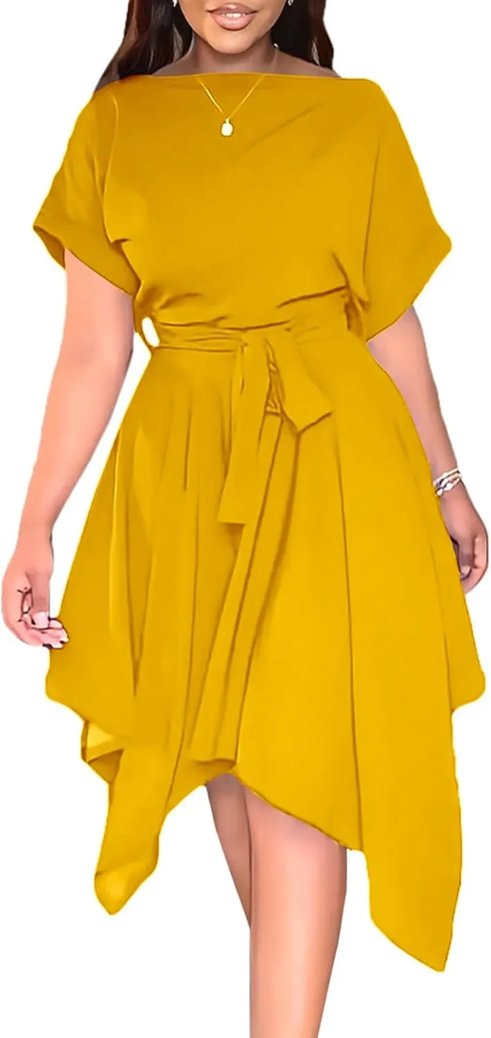 Umenlele Women’s Casual Short Sleeve Tie Waist Asymmetric Hem Swing Summer A Line Midi Dress